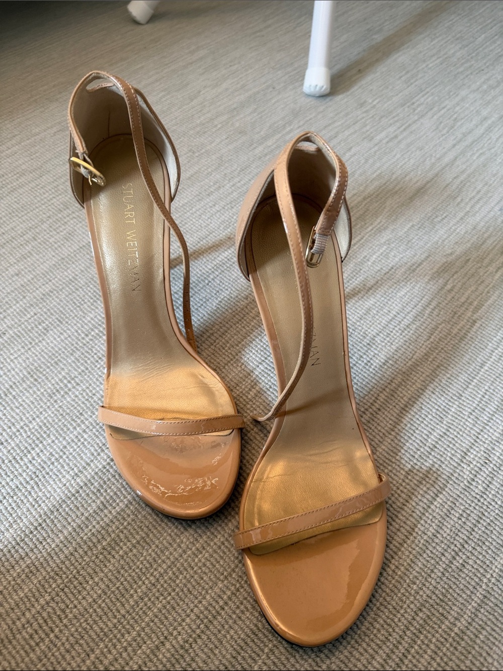 Stuart Weitzman Nude Patent Leather Ankle-Strap Heels